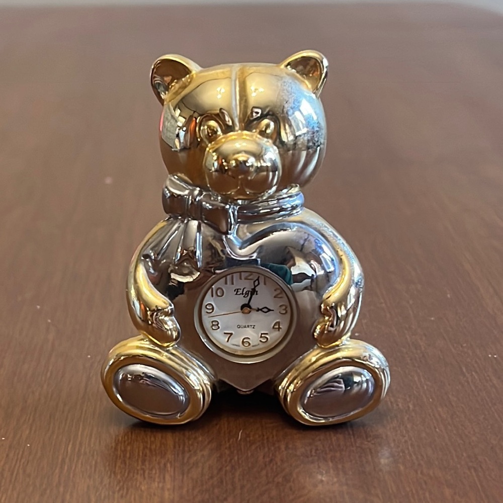 Elgin Silver Gold Two Tone Teddy Bear Clock